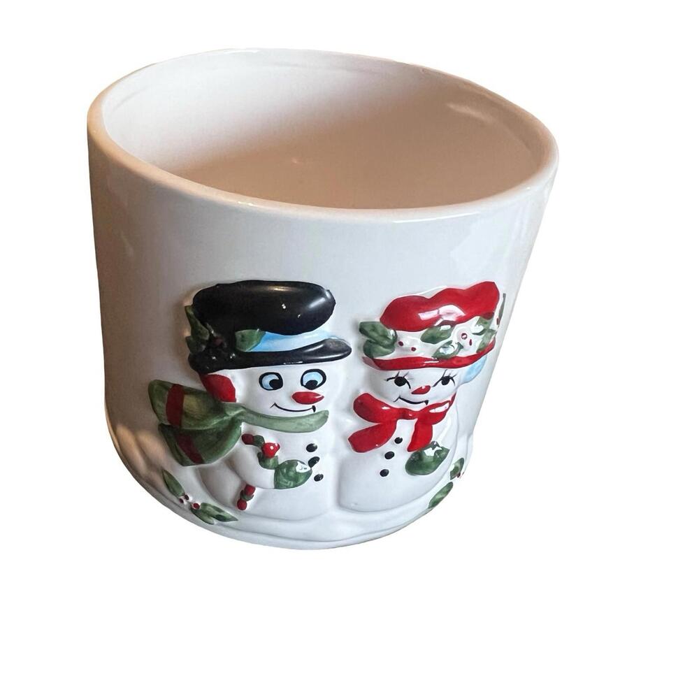 Snowman Couple Embossed Ceramic Cup Candle Candy Nut Dish Vintage Christmas